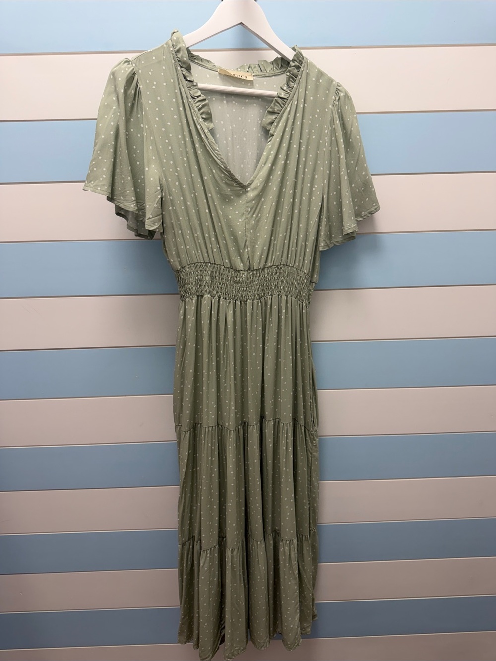 Sage Green Polka Dot Tiered Midi Dress